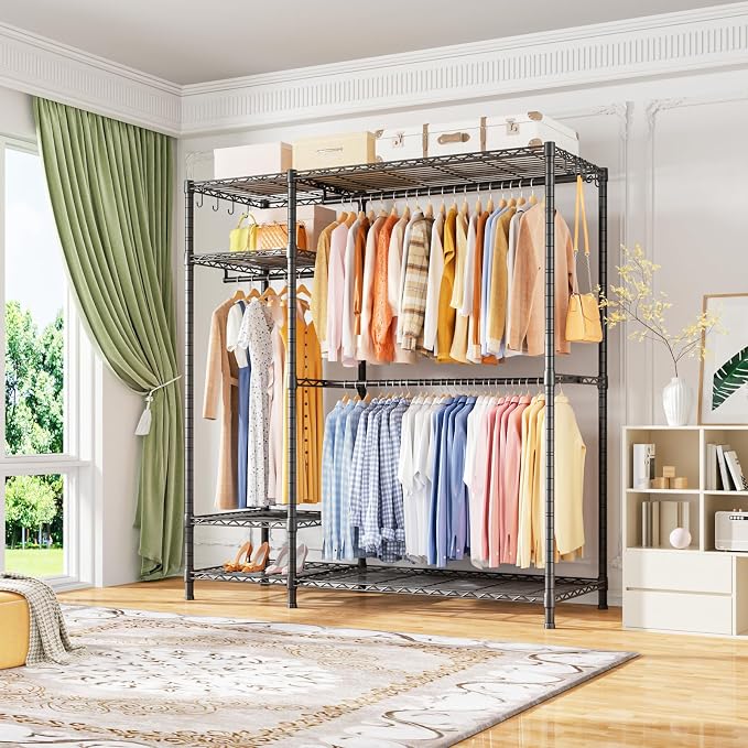 Ulif F7 Clothes Rack Heavy Duty, Clothing Racks for Hanging Clothes, Black | Garment Rack with Shelves, 6-Tiers Freestanding Portable Closet Storage Racks 58'' W × 14.6'' D × 76.6'' H, Max Load 800 Lbs