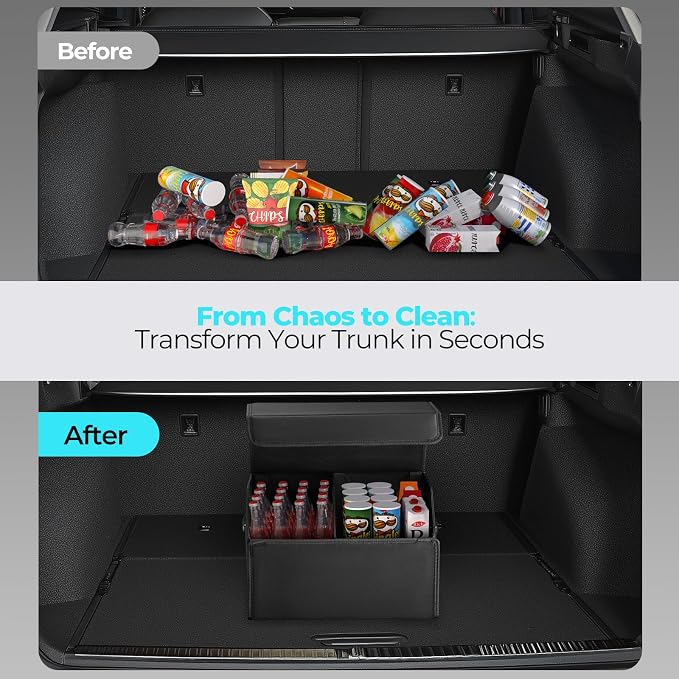 Fyzeoty Car Trunk Organizer for SUV and Sedan, Black, 16.5 inches | Leather Storage Box, Magnetic Lid, Collapsible and Adjustable, Water‑Resistant & Dust‑Proof