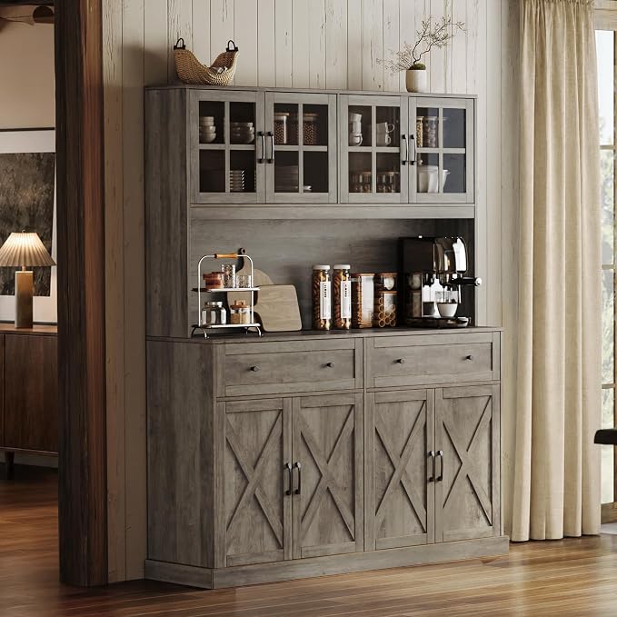 71''H x 55.1''W Pantry Cabinet with Charging Station, 4 Wide Cabinets Kitchen Pantry with 2 Drawers, Farmhouse Hutch Storage Cabinet, Tall Coffee Bar, Acrylic Door, Adjustable Shelves, Grey