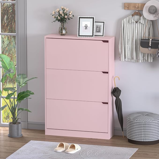 BORNOON Shoe Cabinet with 3 Flip Drawers, Hidden Wood Shoe Cabinet,Freestanding Shoe Storage Cabinet for Entryway Hallway.White. 47.2" H*31.5" W*9.45" D (Pink)