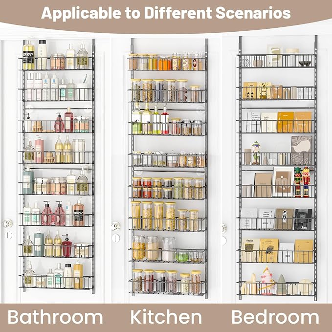 ElegantArray 8-Tier Pantry Door Organizer, Deep Gray | Over The Door, Hanging Spice Rack Shelves, Home Office Laundry Room Bathroom & Kitchen, Rack and Storage