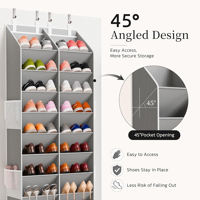 Over the Door Shoe Organizer, 20-30 Pairs Heavy-Duty Hanging Shoe Storage with Large Pockets, 10-Tier Door Shoe Rack with 4 Hooks for Sneakers Sandals Heels Boots (Gray)