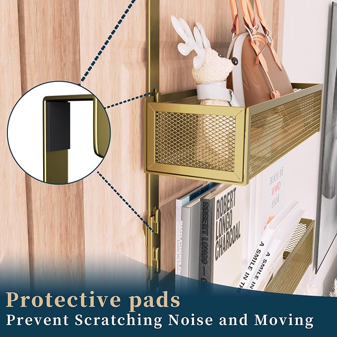 Consumest Over The Door Hooks Organizer - 3 Tier Door Hanger with 9 Coat Hooks & 2 Mesh Basket, Back Storage Organizer Hanging Towels for Bathroom, Bedroom, Gold