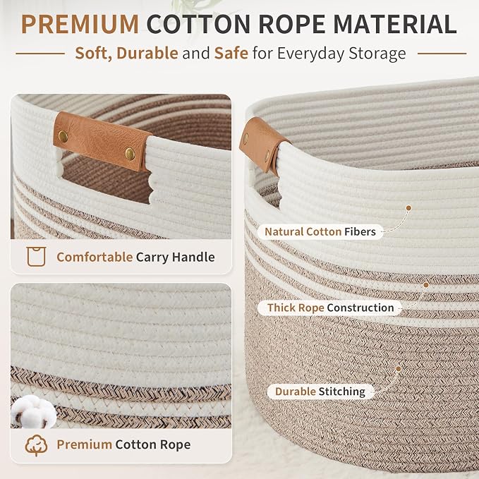 Laundry Hamper with Handles, 72L Rope Laundry Basket, Light Brown | Cotton rope clothes hamper with leather handles holds blankets, pillows, toys and laundry in nursery, bedroom or living room