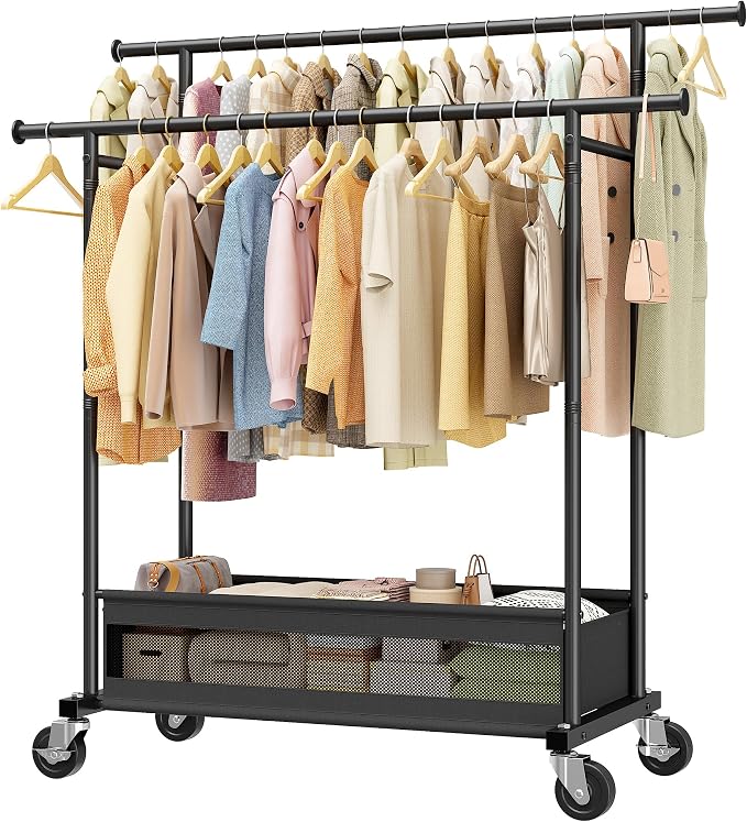 Clothes Rack 210 LBS Double Rods Extra Storage Basket | Rustproof Coated Steel, Anti-bending Design, 360° Sturdy Wheels, 10-Min Tool-Free Assembly, Metal Garment Rack for Home