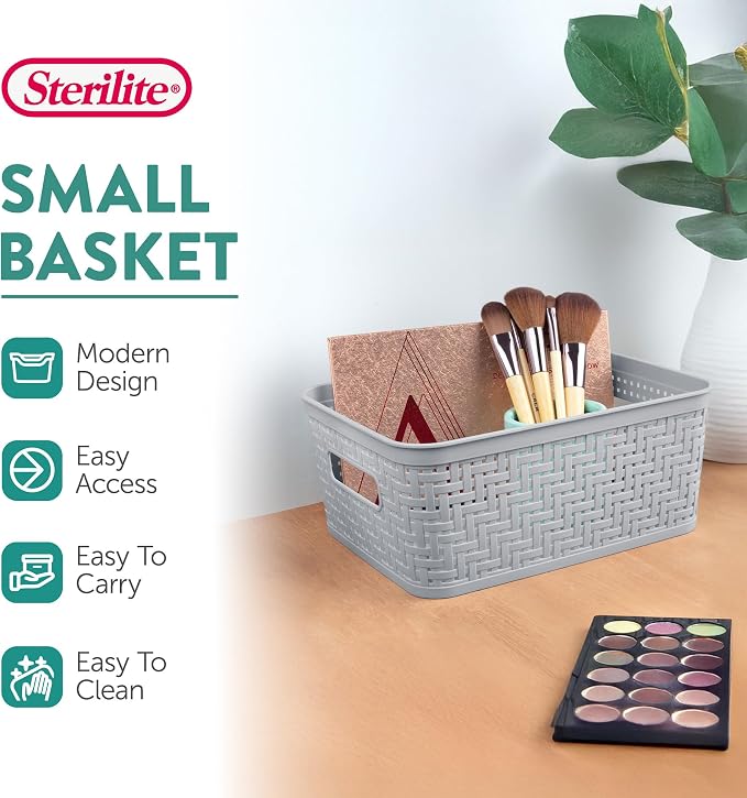 Sterilite 8 Pack Plastic Storage Bin Organization Containers, Small Baskets, Cement