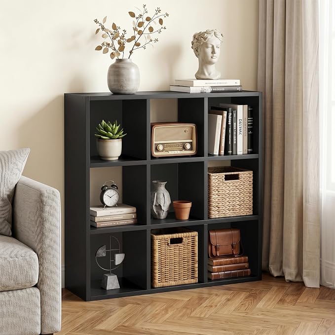 LUCKLIFE 9-Cube Storage Organizer, Stackable Modular Bookcase Shelf with Vertical or Horizontal Use, Fits 11×11" Bins, Optional Back Panels, for Living Room, Office, Black