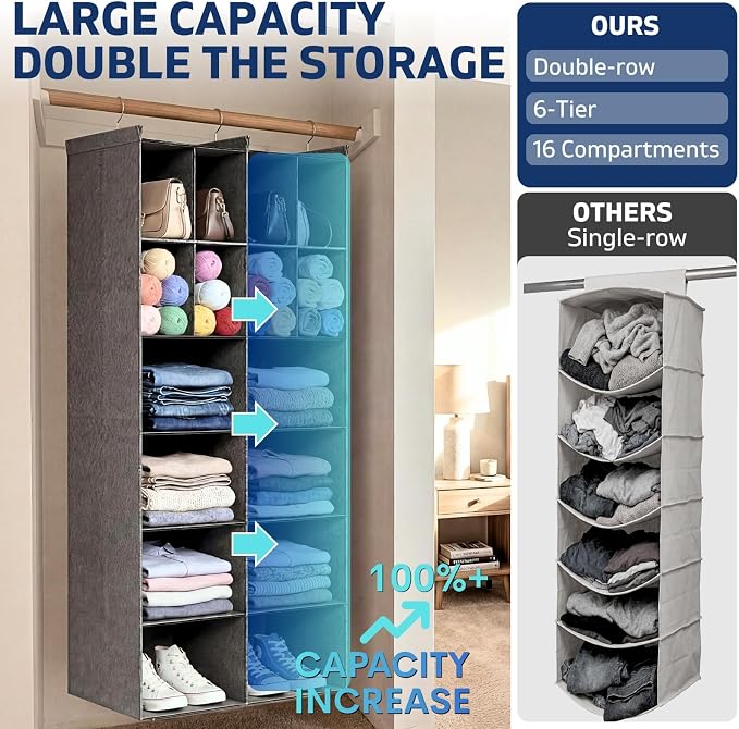 6 Tier Hanging Closet Organizer, 16 Compartments Dual Row Storage, Grey | Closet Organizers and Storage with Large & Small Pockets, 3 Sturdy Hooks Support Heavy Loads, Ideal for Dorm, Garment Rack
