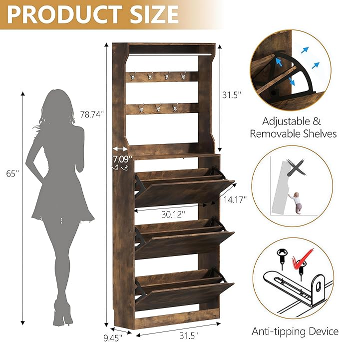 HOPUBUY Shoe Cabinet for Entryway, Narrow Shoe Storage with 3 Flip Drawers | Wood Slim Shoe Rack, 3 Tier Thin Shoe Organizer for Home and Apartment,Rustic Brown