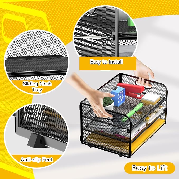 MINDEPOT 3 Tier Paper Organizer Tray with Handle, Mesh Letter Tray | 3 Tier Mesh Letter Tray for Office, Home, School, Black