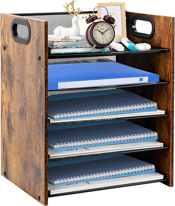 Desk Organizer - 5-Tier Desktop File Organizer, Wooden Paper Tray Organizer, Office Desk Organzier and Accessories for Papers, Mail, Notebooks, Stationery