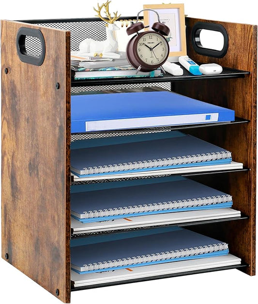 Desk Organizer - 5-Tier Desktop File Organizer, Wooden Paper Tray Organizer, Office Desk Organzier and Accessories for Papers, Mail, Notebooks, Stationery