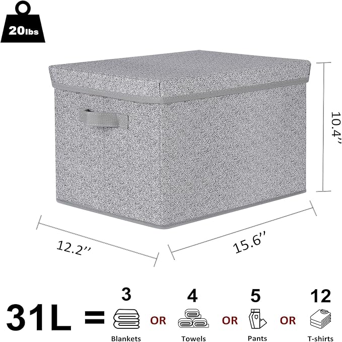 WUIKE Foldable Storage Bins with Lids, Storage Boxes with Handles, Closet Shelf Organizer, Fabric Storage Baskets with Cover for Bedroom, 3-Pack, Ash Gray, Extra Large