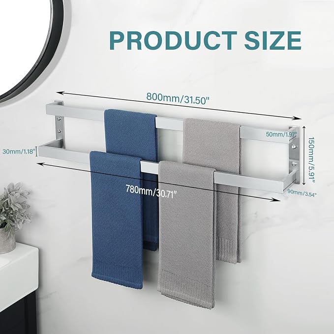Alise Double Towel Bar, 32" Double Towel Racks for Bathroom, Brushed Nickel | Bathroom Towel Rack Wall Mounted, 3.54" Wide Faster Drying, Ladder Design, SUS304 Stainless Steel