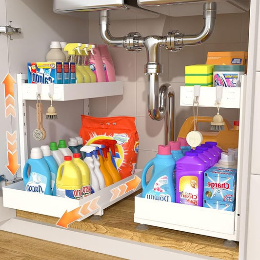 TATAANTY Under Sink Organizer, L-Shaped Metal 2-Tier Double Pull-Out Drawer for Kitchen & Bathroom Cabinets, Adjustable Height Storage - 50lbs Heavy Duty Waterproof 2PCS Height Adjustable