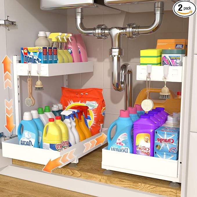 Under Sink Organizer, Bathroom Counter Organizer, 2 Packs 2-Tier Metal, Under Cabinet Storage, Makeup Storage, Adjustable Height & Slide-Out Drawer for Kitchen Bathroom, White