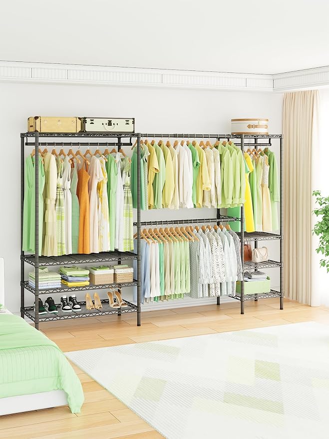 Ulif E11 Heavy-Duty Garment Rack, Metal Clothes Rack, Load 1034lbs, Black | Freestanding Expandable Closet Storage Organizer System with 8 Shelves and 4 Hanger Rods, (73.2-97.6)"W x 14.5"D x 71.2"H