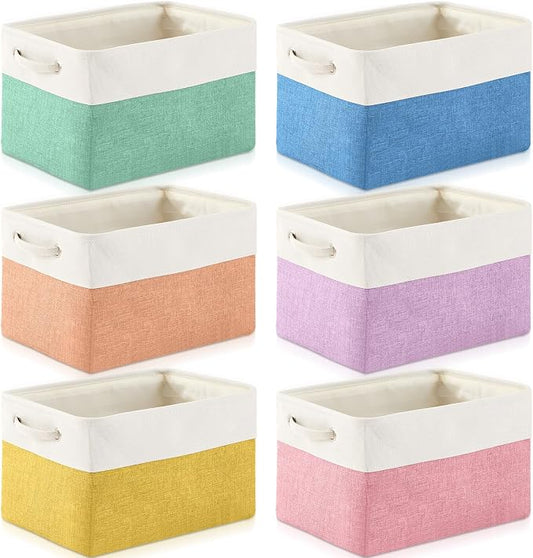 Geiserailie 6 Pcs 15 x 11 x 9.5 Inch Cube Storage Bins Fabric Storage Organizer Bins Foldable Cube Baskets with Sturdy Carry Handles Wicker Baskets for Home (Macaron Color)