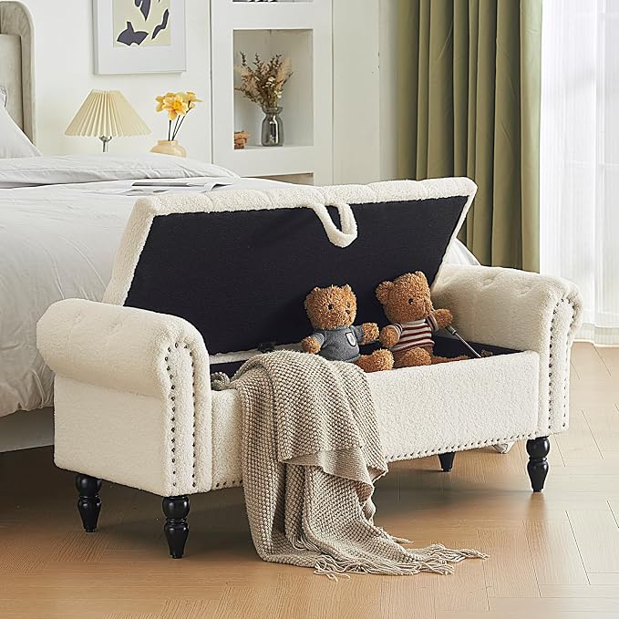 Furnimart Storage Ottoman Bench for Queen Size Bed, Faux Fur Upholstered Storage Bench Accent Bench with Rolled Arms for Bedroom,Living Room, Entryway, 2.5Cubic Feet