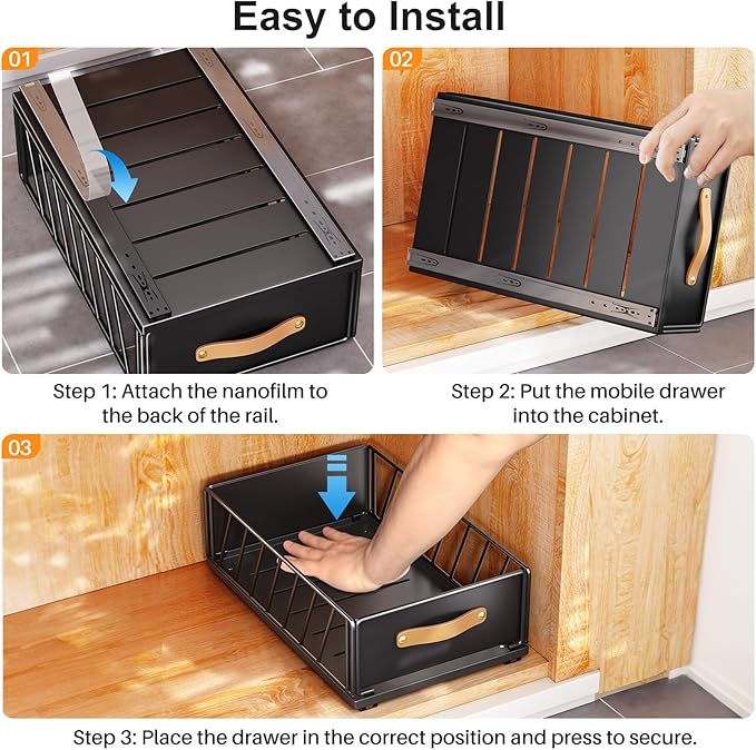 Pull out Cabinet Organizer,Heavy Duty Slide out Pantry Shelves Drawer Storage with Adhesive Nano Film,Sliding Mesh Cabinet Basket with Handle for Kitchen, Bathroom, Home, 9.8"W X 15.7"D X 6.2"H,Black