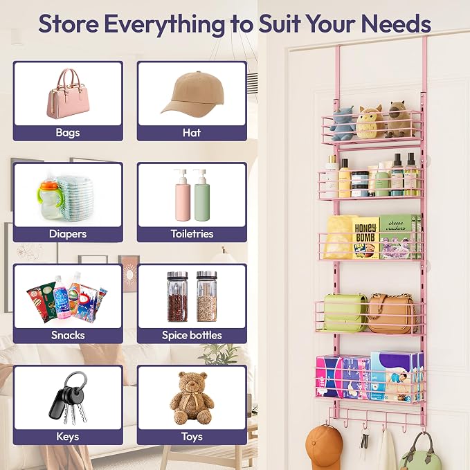 SWTYMIKI Over The Door Organizer - Door Organizer Hanging with 5 Adjustable Metal Large Capacity Basket and 6 Coat Hook, Wall Mounted Shelf for Bedroom Closet Bathroom Laundry Pantry Cabinet Kitchen