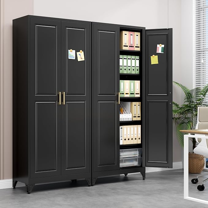 Polup 75" Pantry Cabinet, Tall Metal Storage Cabinet with Doors and Shelves | Black Kitchen Cabinet, 5 Adjustable Shelving, Heavy-Duty Steel, Gold Handles, 4 Standing Feet, for Garage Office & Laundry