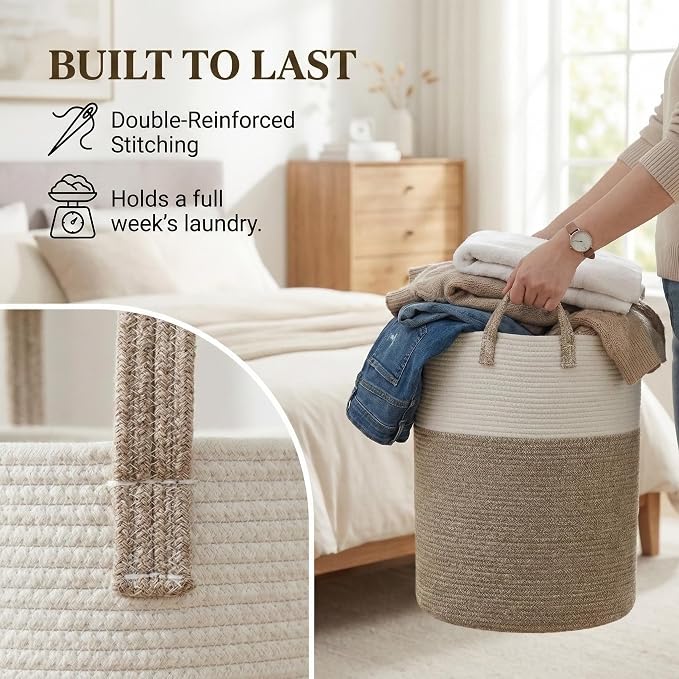 JMvicyroam Large Woven Laundry Basket Hamper,100L Cotton Rope Storage Bin for Blankets,Toys and Clothes,Decorative Tall Nursery Hamper for Living Room,Baby Nursery,Bathroom and Bedroom,Brown