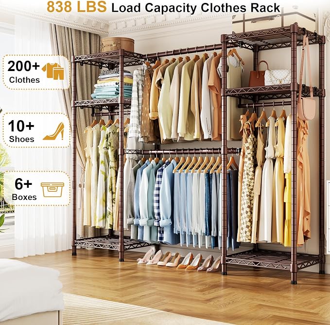 Ulif E7 Heavy Duty Closet Garment Rack, Clothes Storage Organizer System | Metal Freestanding Clothing Racks with 2 Extendable Rods and 6 Shelves, Portable Wardrobe Closets for Holding 838lbs, Bronze
