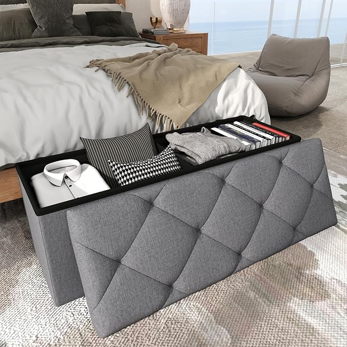Folding Ottoman with Storage Bench,Storage Ottoman Bench,30 Inches Ottoman Foot Rest,End of Bed Bench,Support 660LBS Foot Rest Stool for Living Room,Bedroom,Home Office,Dark Gray（30Wx15Dx15H