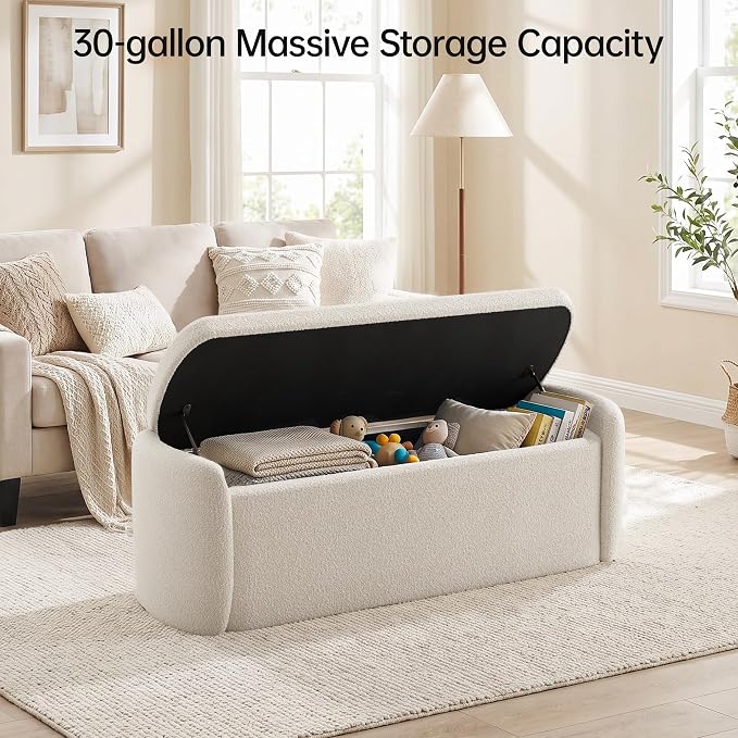 VKNOW Storage Bench, Upholstered Storage Ottoman Bench with Hinge, Beige | Ottoman Bench with Large Capacity, Curved Frame, King Size Bench, Storage Bench for Bedroom, Living Room, Entryway, Window