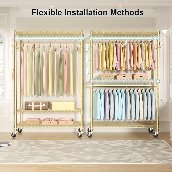 FUTASSI P1 Plus Rolling Clothes Rack, 22mm Diameter Heavy Duty Garment Rack | Clothing Rack with Wheels, Portable Closets with Shelves and Hanger Rods, 45"W x 17.7"D x 80.5"H, Load 524lbs, Gold