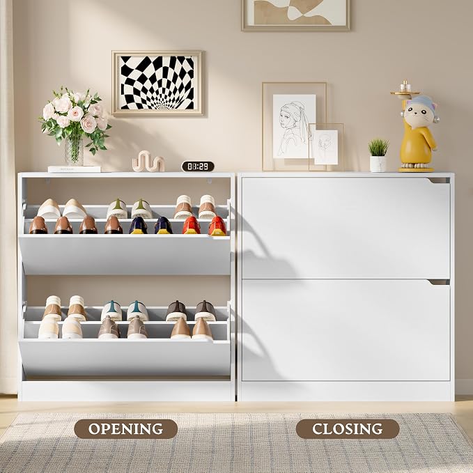 BORNOON Shoe Cabinet with 2 Flip Drawers, Slim Narrow Shoe Storage Cabinet, Freestanding Shoe Organizer with Adjustable & Removable Shelves, Top Display Shelf for Entryway, Hallway, Foyer, Closet