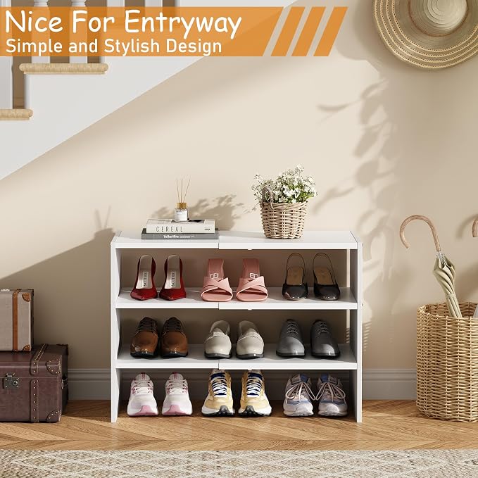 3-Tier Expandable White Shoe Rack Organizer for Closet, Stackable Shoe Racks Storage Shelf, Small Metal Wood Combination Shoe Shelves for Closets,Entryway,Front Door, Narrow Space,Hallway,8-16 Pairs