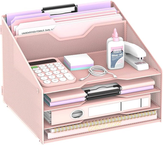 Desk File Organizer, 4 Letter Trays and 2 Upright Sections, Pink | Paper Organizer for Desk with Tiered Letter Trays and Vertical File Holders for Home Office, School and Workspace Use