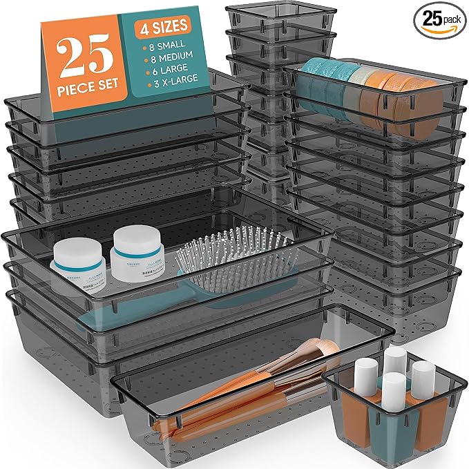 StorMiracle 25 PCS Drawer Organizer Set, 4 Varied Size Bathroom and kitchen Drawer cabinet organizer Trays, Clear Storage Bins for Makeup, Jewelry, Utensils and Gadgets，Black