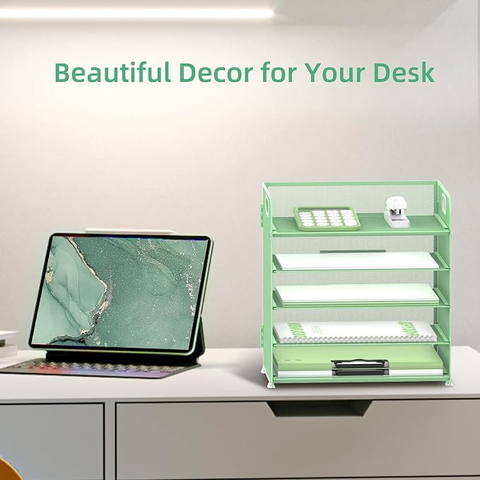 Supeasy 5 Trays Paper Organizer Letter Tray with Handle-Mesh Desk File Holders, Paper Sorter Desk Organizer for Office, Home, Classroom or School(Mint Green)