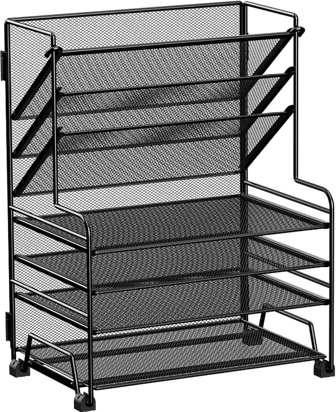 MINDEPOT 4-Tier Paper Organizer + 3-Pocket File Holder + Drawer + Pen Holders, Desktop File Organizers Paper Tray for Office Supplies School Classroom Organization (Black, No Drawer & Pen Holder)