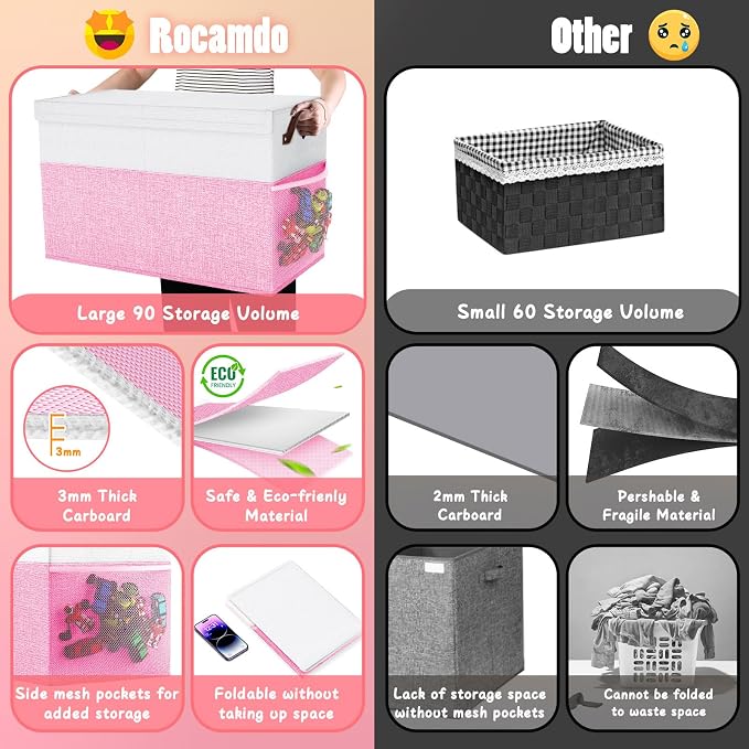 Large Toy Storage Box with Lid & Dividers, Kids Toy Chest, Pink and White | Toy Box for Boys, Girls, Nursery, Bedroom, Living Room, Playroom, 25 x 13 x 16 inches