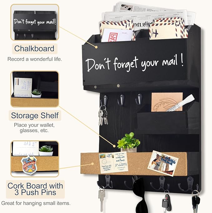 Mail Organizer Wall Mount，Key Holder Mail and Key Organizer for Wall with Shelf, Chalkboard, Corkboard, Home Decor for Room Office Entryway(Midnight Black)