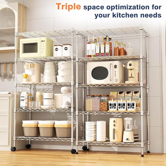 5-Tier Heavy Duty Metal Shelf,Chrome Wire Shelving Unit 35"Wx18Dx71H | Height Adjustable Storage Wire Shelves with Lockable Wheels for Garage,Kitchen,Office,Bathroom,Studio