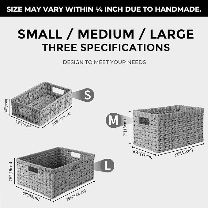 GRANNY SAYS Wicker Baskets for Storage, Waterproof Storage Baskets, Odorless Wicker Basket with Handles, Decorative Storage Containers, Gray Basket for Pantry Storage, 2-Pack