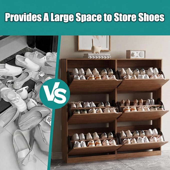 Xixini Shoe Storage Cabinet for Entryway with 6 Flip Drawers, Sturdy Wood Hidden Shoe Storage, Freestanding Narrow Slim Shoe Organizer for Front Door Entrance, Living Room, Hallway, Bedroom, Walnut