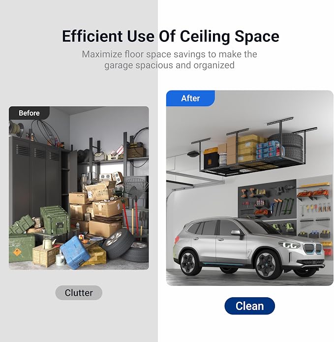 FLEXIMOUNTS 3x8 Overhead Garage Storage Rack,Adjustable Storage Organization System, Heavy Duty Metal Garage Ceiling Storage Racks, 2 pack, Hammertone, Classic Series