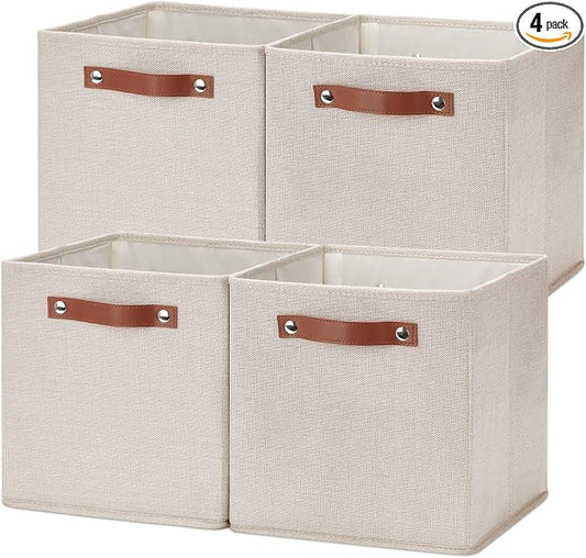 Temary 11x11 Storage Cubes Fabric Storage Cubes Storage Bins with Dual Leather Handles Canvas Storage Boxes for Organizing Home, Shelf, Closet (Beige, 11 x 11 x 11)
