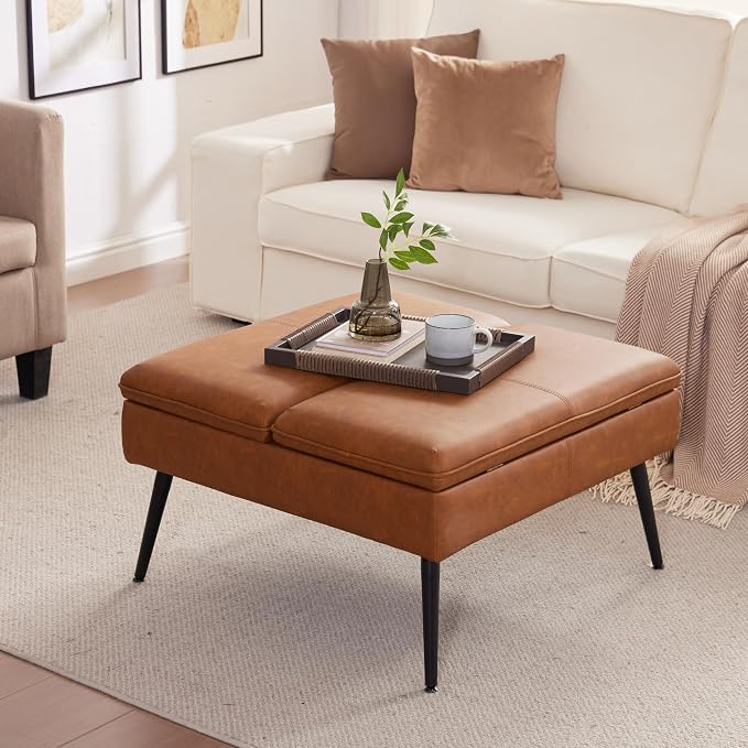 Square Ottoman with Storage Coffee Table Large Upholstered Cognac | Mid-Century Modern Ottoman w/ Double Flip-Lid Metal Legs Padded Seat for Living Room Bedroom, Faux Leather, Loads 660 lbs