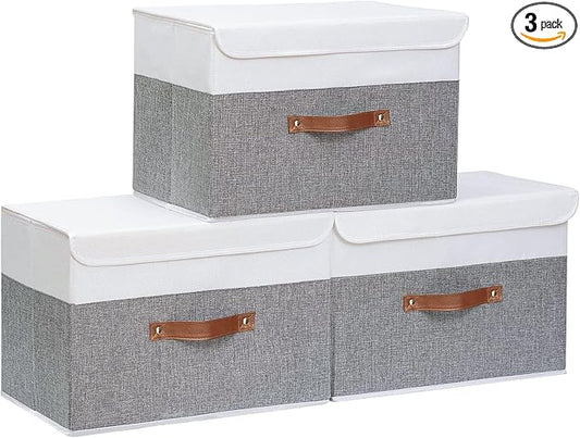 Yawinhe Fabric Storage Boxes with Lids,White/Grey,15.0x9.8x9.8in,3-Pack | Container with Leather Handle,Washable Storage Basket, Clothes Blanket Bin,Collapsible Closet Organizer for Bedroom