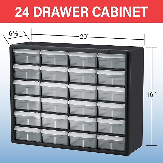 Akro-Mils 24-Drawer Plastic Storage Cabinet, 20"W x 6"D x 16"H, Yellow | Plastic Cabinet w/ Drawers for Garage Organization, Beads, Building Bricks Storage, Teacher Toolbox, Makeup Organizer, 10124