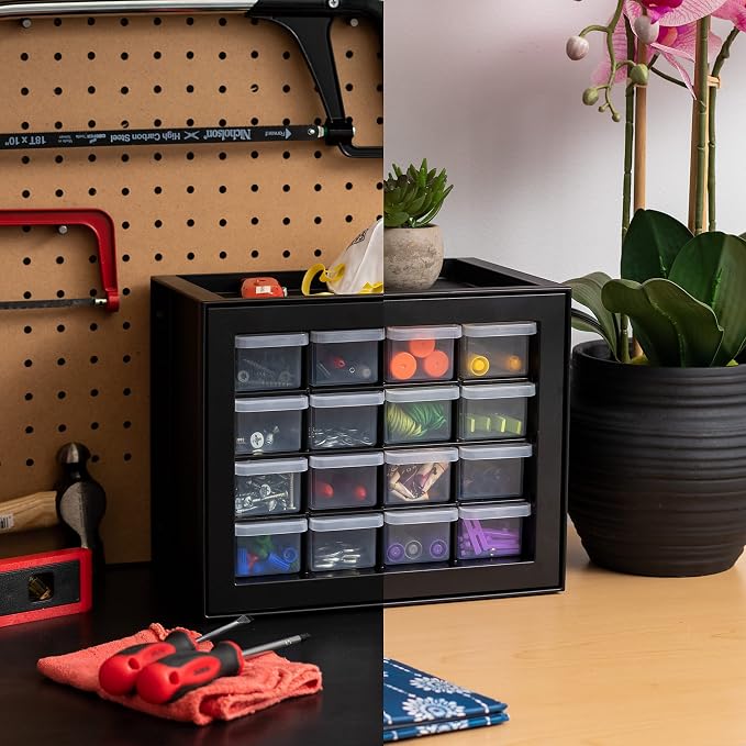 IRIS USA 16-Drawer Small Drawer Organizer, Garage Desk Storage, Black | Wall mountable, Stackable Teacher Toolbox, Beads, Building Bricks, Water Packets, Screws, Hardware
