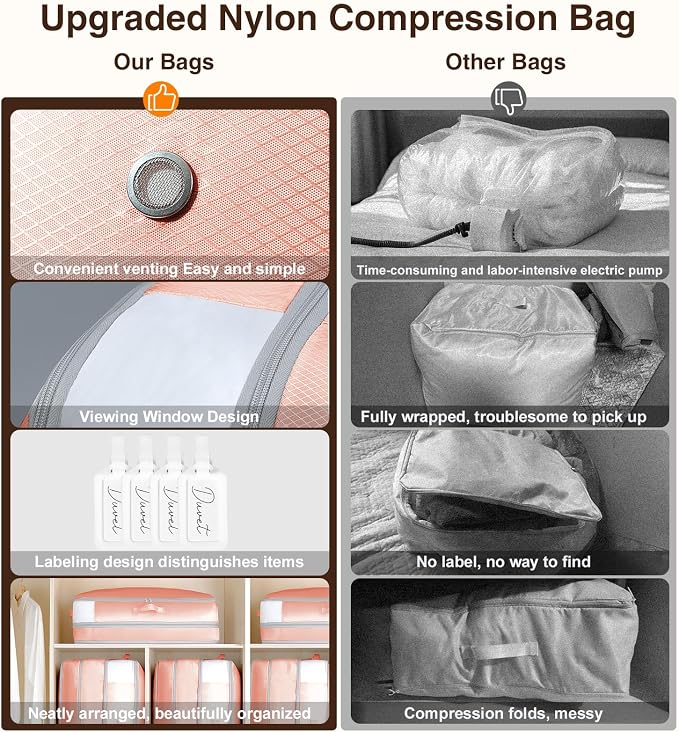 Homsorout 4 Pack Compression Storage Bags - 110L Large Capacity Comforter Storage Bag, 3-Layer Washable Ultra Space Saving Self Compression Organizer Space Bags for Blankets, Sweaters, Sheets, Pink
