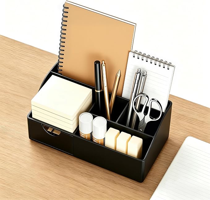 HBlife Acrylic Desk Organizer with Drawer, Pen & Pencil Holder, Multifunctional Desktop Caddy for Office Supply and Organization (Black)